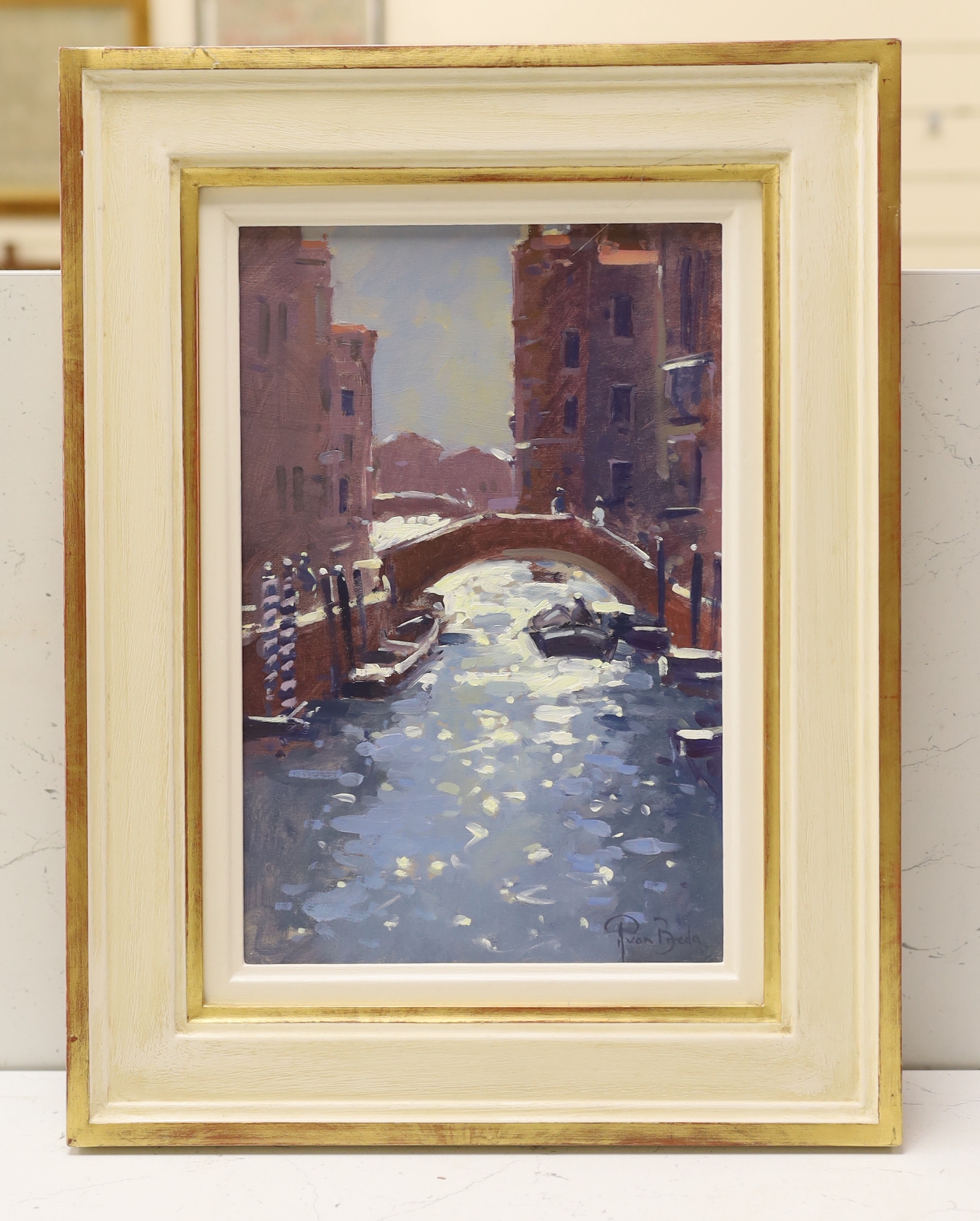 Peter Van Breda (b. 1957), impressionist oil on board, Rio di San Via, Venice, signed, inscribed verso, 29 x 18cm